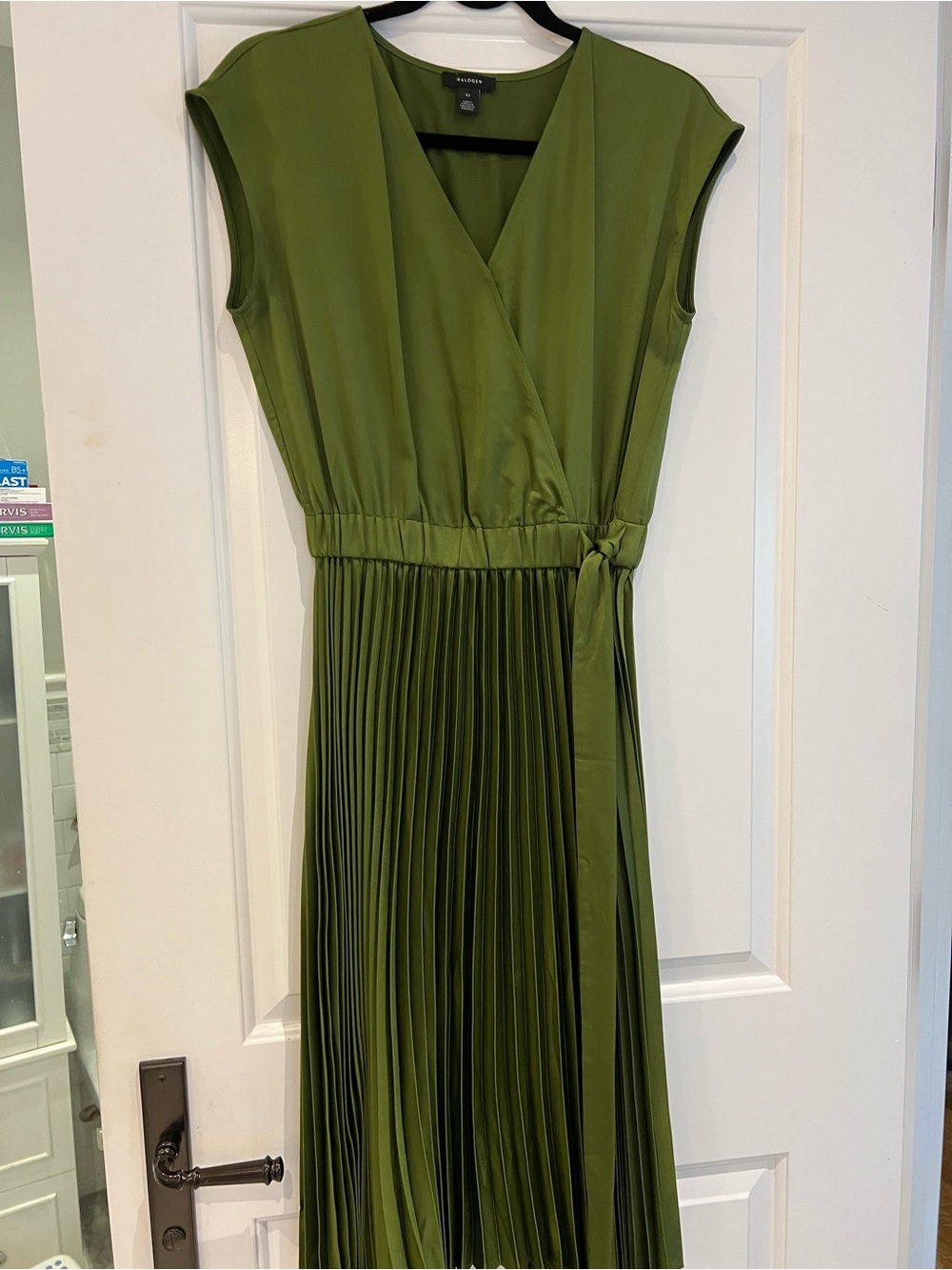 Halogen Olive Green Pleated Wrap Midi Dress